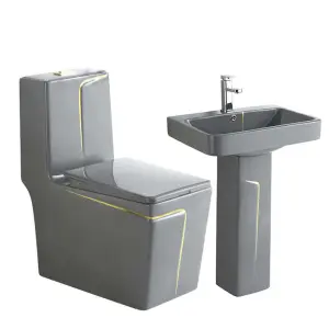 Contemporary Premium High Temperature Fired Grey Ceramic Siphonic Powerful Flush One Piece Toilet and Basin Set for Bathroom