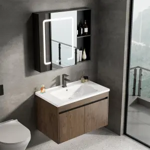 Bathroom Vanity With a Floating Ceramic Countertop Integrated with a Washbasin and a Stone Bathroom Dressing Table