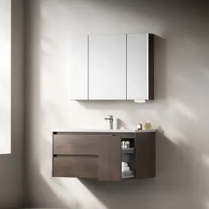 Modern Style One-Piece Walnut Wood Ceramic Basin Wall-Mounted LED Bathroom Cabinet Water-Resistant Vanity 5-Year Warranty New
