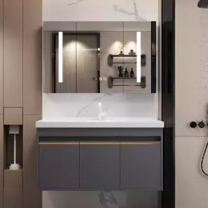 Modern Minimalist Gray Wooden MDF Wall-Mounted Bathroom Vanity Combo LED Illuminated Mirror Stain-Resistant Ceramic Basin
