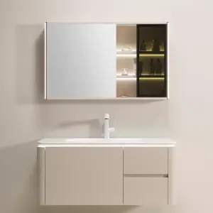 Modern Style Wooden Bathroom Cabinet Set Lacquer Finish Integrated Ceramic Wall-Mounted Basin Waterproof LED Storage Hotel