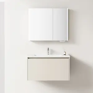Modern Waterproof Floating Wall-Mounted Wooden Bathroom Cabinet LED Mirror Wall Hung Hanging Ceramic Wash Basin 5 Year Warranty