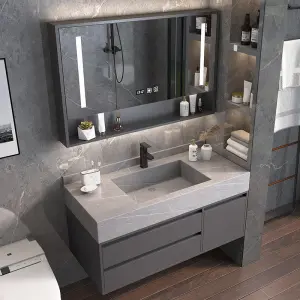Modern Solid Wood Floating Vanity Grey Marbled Bathroom Wall Mounted Wall-Hung Mirror Cabinet for Hotels