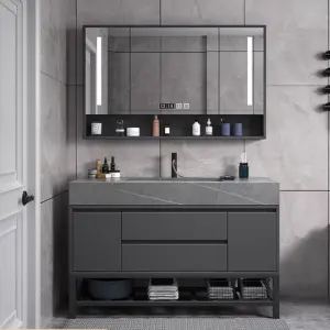 Modern Grey Bathroom Vanity Set with LED Mirror Storage and Seamless Washbasin Bathroom Vanity Lighting