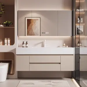 Solid Wood Cream Style Bathroom Cabinet Luxury Light Washstand Sink with Integrated Ceramic Basin for Hotels