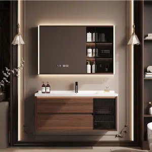 Modern Chinese Walnut Color Bathroom Cabinet Set Solid Wood Lacquer Finish Waterproof Integrated Ceramic Washbasin Sink Hotels