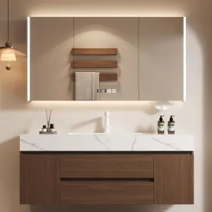 Luxury Modern Brown Bathroom Vanity High-Capacity Single Vanity Cabinet with Smart Mirror Wall-Mounted MDF Material Wholesale