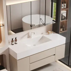 Integrated Ceramic Basin Combination Modern Simple Creamy Style Bathroom Cabinet Smart Waterproof Wall-Mounted for Hotel Use