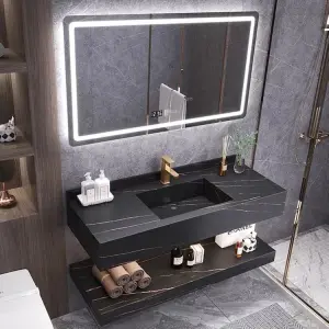Nordic Modern Rock Board All-in-One Basin Bathroom Cabinet Copper Drainer Mirror Floor Standing Intelligent Light Luxury Design