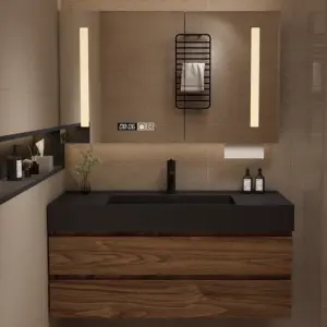 Modern High-end Walnut Colored Integrated Bathroom Vanity Bathroom Vanity with LED Smart Mirror Washbasin Sink Basin