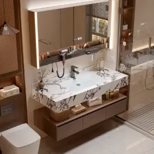 2025 Hot Selling Modern Design Marble Bathroom Vanity Set with Wall Mount Mirror Customized for Hotels and Restrooms
