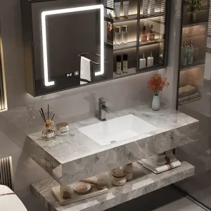 Modern Style Integrated Ceramic Rock Plate Basin Water-Resistant Bathroom Vanity Washstand and LED Mirror Cabinet Combination
