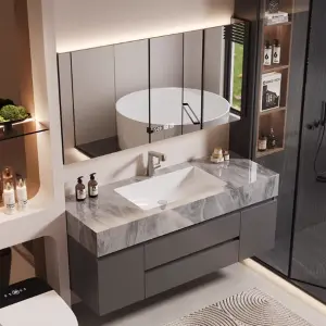Waterproof Bathroom Wall Cabinet with Mirror and Sink, Modern Vanity for Small Space Luxury Bathroom Cabinets