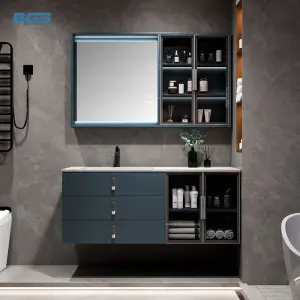 Modern Rock Slate Wall-Mounted Vanity Cabinet Waterproof Stain-Proof Wash Basin for Hotels Featuring Sintered Stone Mirror
