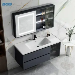 Modern Single-Mirrored Legs MDF Wooden Aluminium 24 Corner 60 Stainless Light Basin Sink Bathrooms Black Hotel Bathroom Vanities
