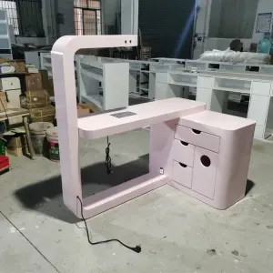 Luxury pink French Style Nail Salon Manicure Table L Shape Manicure Desk with Light Wooden Nail Desk