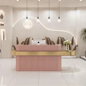 Wholesale Newest Minimalist Stripe Metal Beauty Nail Salon Furniture pink Modern Office Reception Desk for Beauty Salon