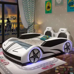 Solid Wood Frame Leather Soft Bag Function Children Storage Car Bed with LED Lights Stereo Luxury Sports Race Car Bed for Kids