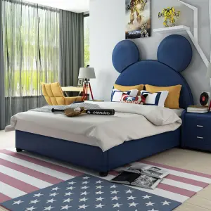 Fashionable Modern Leather Wood Kids Bed with Mickey Cartoon Design Upholstered Bedroom Furniture for School and Apartment Use