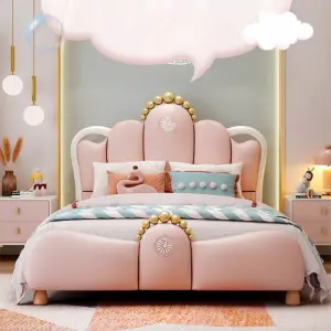 Modern Cute Pink Crown Leather Kids' Bedroom Furniture Upholstered Single Upholstered Kids' Beds for Girl