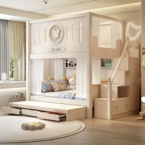 RYH Model 219 Modern Double-Top High-Height Elevated Contemporary Bunk Bed Wood & MDF Boys Girls Apartment Hotel Bedroom