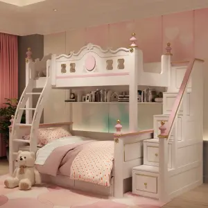 Modern Design Multi-functional Wood Comfortable Children's Twin Size Bunk Beds with Stairs Bookcase Apartment & Hotel-Friendly