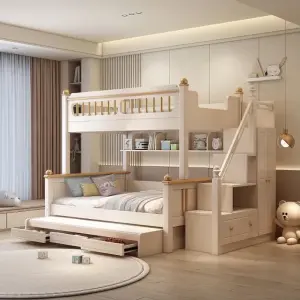 Wood Children Bunk Bed with Dual Purpose Storage Contemporary Design for Apartment & Hotel Use Girl Princess