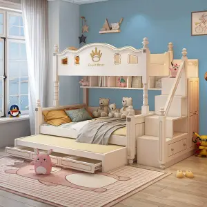 Solid Wood Children's Bunk Bed Dual Purpose Storage Princess Pink Design Girls Contemporary Style Bedroom Apartment Hotel Use