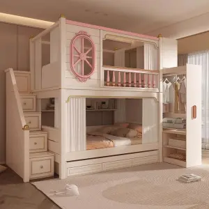 Modern Functional Kids Home Furniture Converted Guarded Bed Full Size Wood Corner Loft Bunk Bed Stairs Apartment Hotel