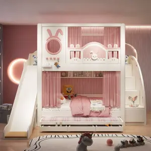 Modern Wood Contemporary Bunk Bed for Kids Comfortable Strong Sturdy Twin Queen Size for Bedroom Hotel School or Apartment