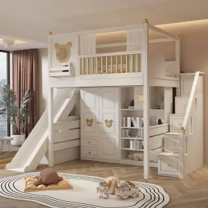 New Style Girl's Bedroom Eco-friendly Wooden Kids Double Bunk Beds School Slide Children's Modern White Comfortable Hotel