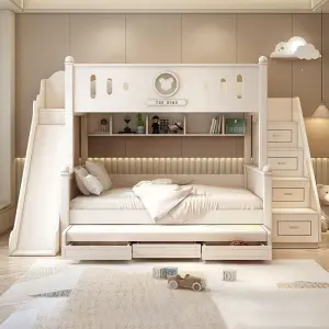 Wood Contemporary Double-Layer Bunk Bed with High-Low Guardrail for Kids School Home Use