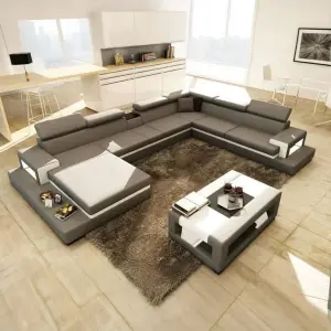 Factory Supplier Luxury Reclining Sectional Sofa Bed with LED Modern Living Room Genuine Leather Sofa Sets in Grey