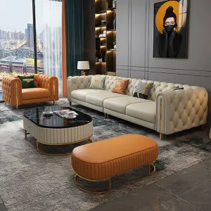 High Quality Modern Synthetic Leather Chesterfield Sofa Set for Apartment Living Room Sponge Customizable Luxury Furniture