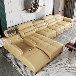 Modern Sponge Filled Leather Modular Reclining Sectional Sofa Set with Sofa Bed for Villa Apartment & Hotel Living Rooms