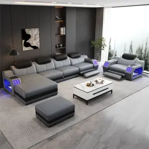 Luxurious Modern Leather L-Shape Modular Sectional Sofa Set Reclining Sofa Bed Solid Wood Frame Sponge-Filled for Villas Hotels