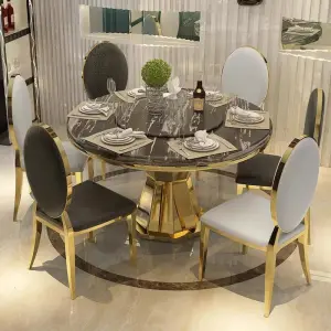 Modern Luxury Round Stone Top Dining Table Set 6 Seaters with Metal Steel Frame for Home & Hotel Use