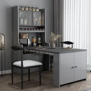 Modern Dining Room Furniture Sets Wood Dinner Table with Wine Cabinet and Sideboard Adjustable Extendable Dining Table Set