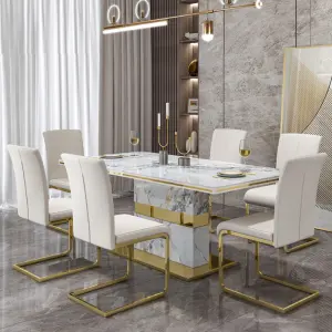 Luxury Stone Marble Dining Table and Chair Modern Stainless Steel Chassis Square Dining Table with 6 Chairs