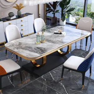 Modern Luxury Hotel Dining Room Furniture Set with 6 Chairs Marble Top Stainless Steel Frame