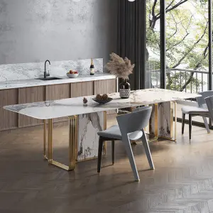 Luxury Slate Marble Top Stainless Steel Frame Modern Dining Table Set for Large Dining Rooms 10-16 Seat Chairs Home Furniture