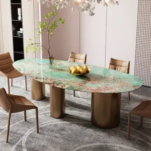 Luxury Stainless Steel & Marble Elliptical Dining Table Set with Chairs Modern Design Hotel Use Customizable Size