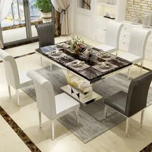 Modern Stainless Steel Base Marble Top Dining Table Chair Set