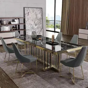 Modern Luxury Rectangular Marble Top Dining Table Set 4 Seater 6 8 Dining Room Furniture Stainless Steel Frame Dining Table Set