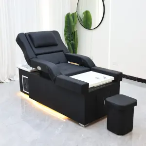 Modern black leather foot massage chair, salon 2-in-1 shampoo and foot bath station, electric foot massage chair with LED lights