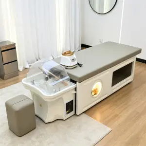 Modern high-end shampoo bed with storage space and footstool, ergonomic spa salon shampoo bed, equipped with a shampoo basin,
