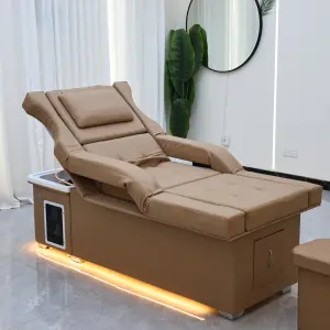 Electric lifting head hair treatment bed with foot bath two in one, water circulation hair care fumigation, luxurious khaki SPA