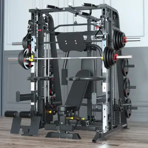 Smith Machine Set With 126kg Counterweights+100KG Weights+Bench+2 Barbell Bars Commercial Comprehensive Trainer Gantry Frame