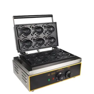 Commercial Ice Cream Taiyaki Machine Electric Korean Fish Crisp Maker Stainless Steel 6 Fish Shaped Waffle Baker
