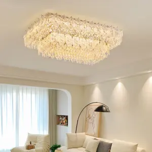 French Luxury Gold Crystal Iron Glass LED Ceiling Lamp for Living Room Rectangle Dimmable Bedroom Hotel Lobby Ceiling Light